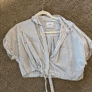 Urban Outfitters White Stripe Tie-Front Cropped Button Down